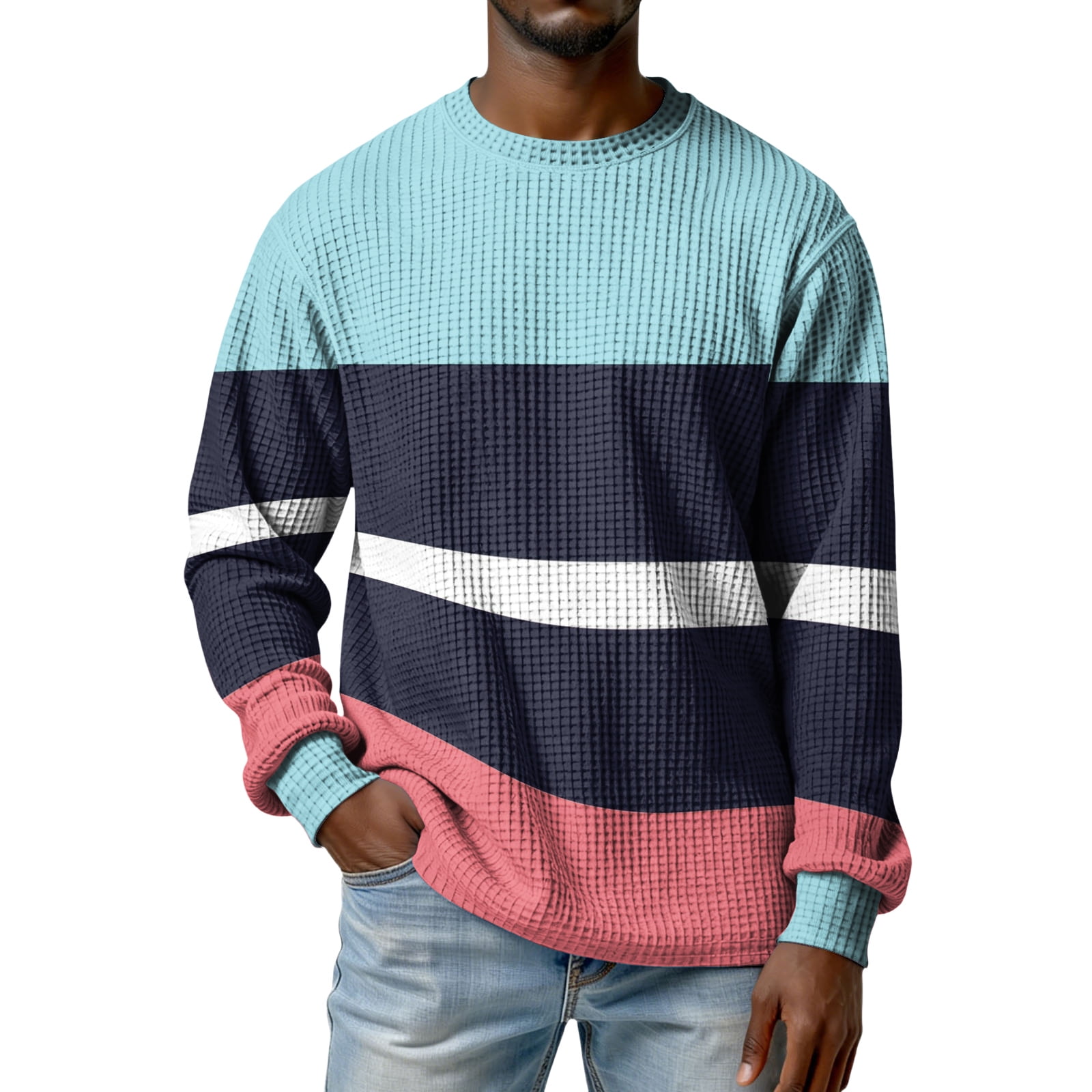 Fabrcox Men's Waffle Long Sleeve Shirts Striped Mens Crew Neck Tee ...