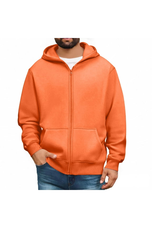Mens Baggy Full Zip Hoodies Sweatshirts Winter Fleece Lined Sweatshirts Jacket with Pockets Casual Solid Color Lightweight Long Sleeve Hoodies Orange 3XL