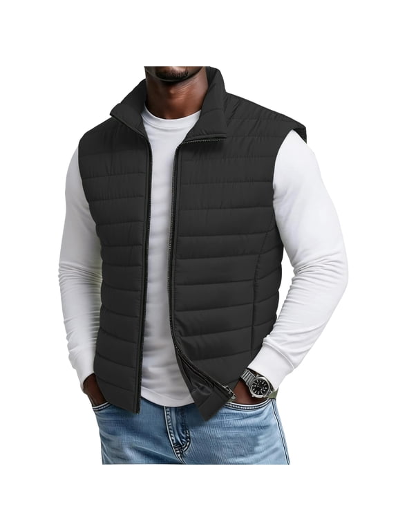Mens Black Puffer Vest Quilted Stand Collar Full Zip Up Sleeveless Jacket Men Thermal Lighweight Outdoor Warm Vest Men Winter with Pockets L