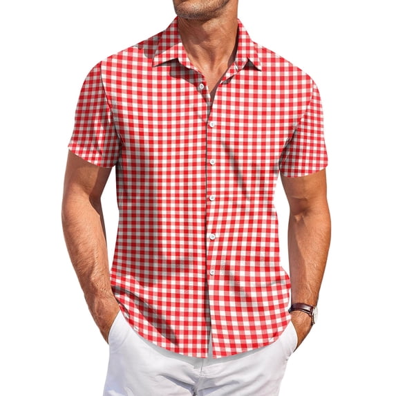 Fabrcox Mens Button Down Shirt Short Sleeve Plaid Collared Mens Fishing Shirt Summer Color Block Breathable Sun Shirts for Men Red 4XL