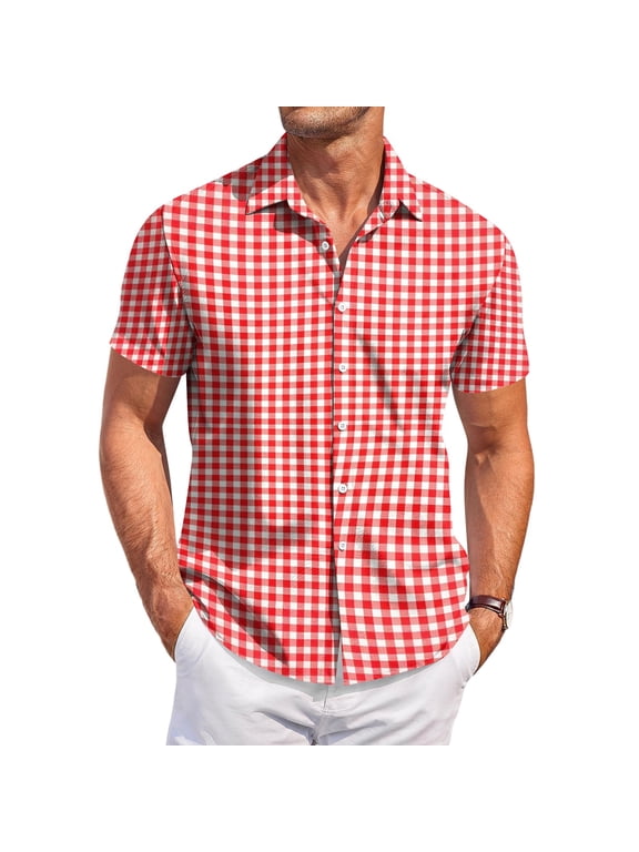 Mens Button Down Shirt Short Sleeve Plaid Collared Mens Fishing Shirt Summer Color Block Breathable Sun Shirts for Men Red 4XL