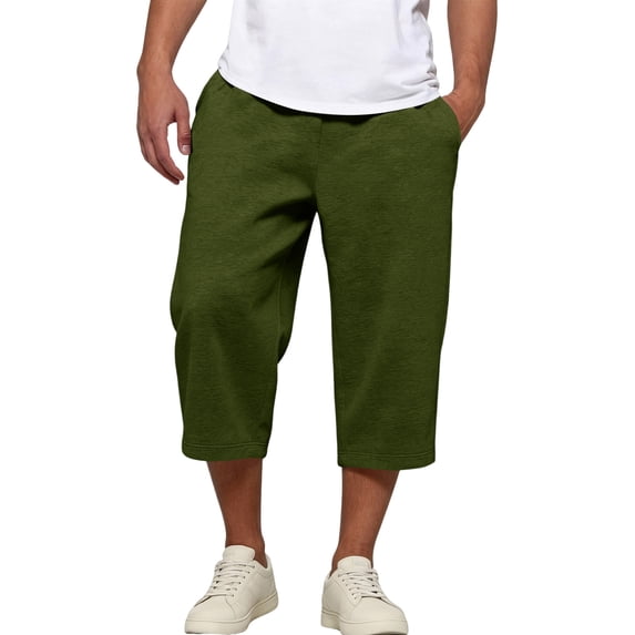 Fabrcox Mens Capris Pants 3/4 Elastic Waist Wide Leg Men's Sweatpants Baggy Lightweight Summer Basketball Training Men Trousers with Pockets Green XXXL