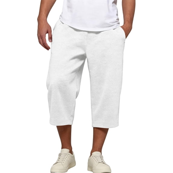 Fabrcox Mens Capris Pants Elastic Waist Wide Leg Sweatpants Men Baggy Lightweight Summer Basketball Training Mens Trouser with Pockets White M