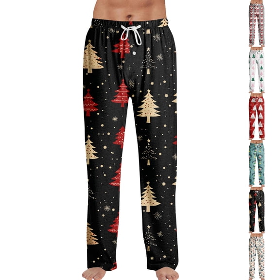 Fabrcox Mens Christmas Pj Bottoms Elastic Waist Drawstring Pj Pants Christmas Tree Print Casual Soft Wide Leg Sleepwear Pants Red S