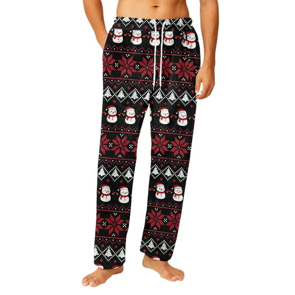 Fabrcox Mens Christmas Pj Pants Elastic Waist Wide Leg Pj Pants Christmas Tree Printed Casual Cartoon Printed Christmas Sleepwear Pants Black 3XL