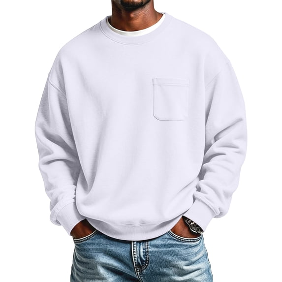 Fabrcox Mens Fleece Sweatshirt Crew Neck Long Sleeve Shirt Men Streetwear Outdoor Athletic Workout Fall Winter Warm Mens Pullover with Chest Pocket White L