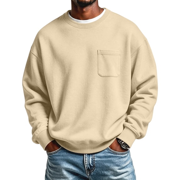 Fabrcox Mens Fleece Sweatshirt Crew Neck Mens Long Sleeve Shirts Streetwear Outdoor Athletic Workout Fall Winter Warm Mens Pullover with Chest Pocket Beige S