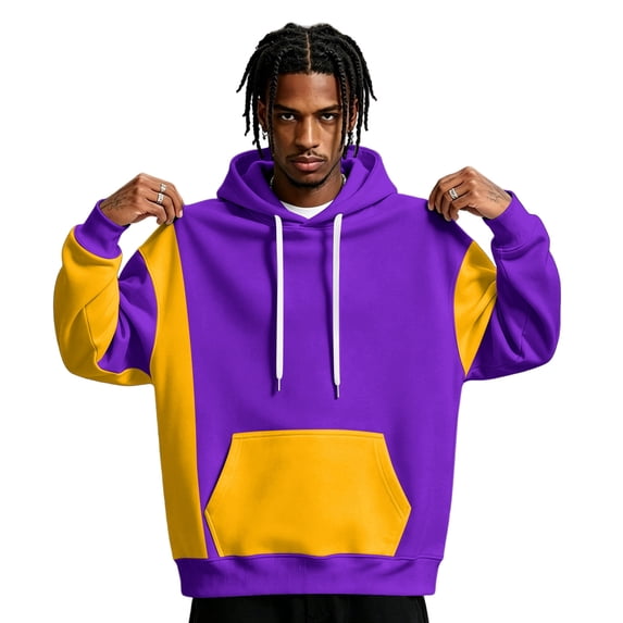 Fabrcox Mens Hoodies Pullover Fleece Lined Color Block Oversized Hooded Sweatshirt Y2k Fall Winter Warm Streetwear Athletic Long Sleeve Mens Hoodie with Pocket Purple XL