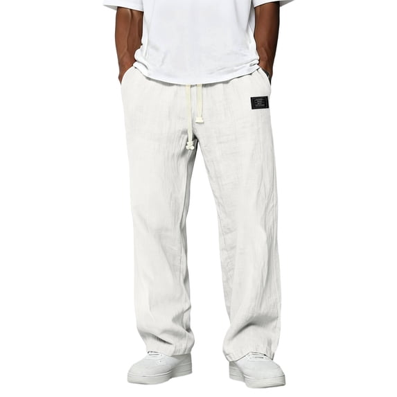 Fabrcox Mens Linen Pants Baggy Wide Leg Mens Summer Pants Beach Vacation Travel Lightweight Drawstring Big and Tall Men's Lounge Pants with Pockets White XL