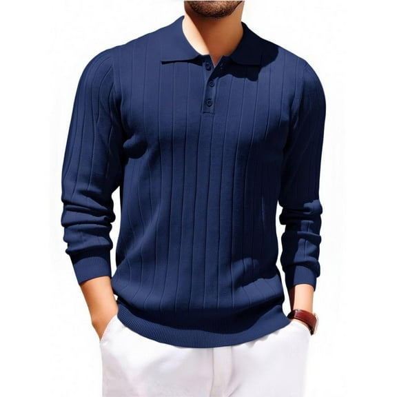 Fabrcox Mens Long Sleeve Polo Shirts Fall Button Collared Long Sleeved T Shirts Casual Solid Color Basic Lightweight Tops Shirts,Navy 2XL