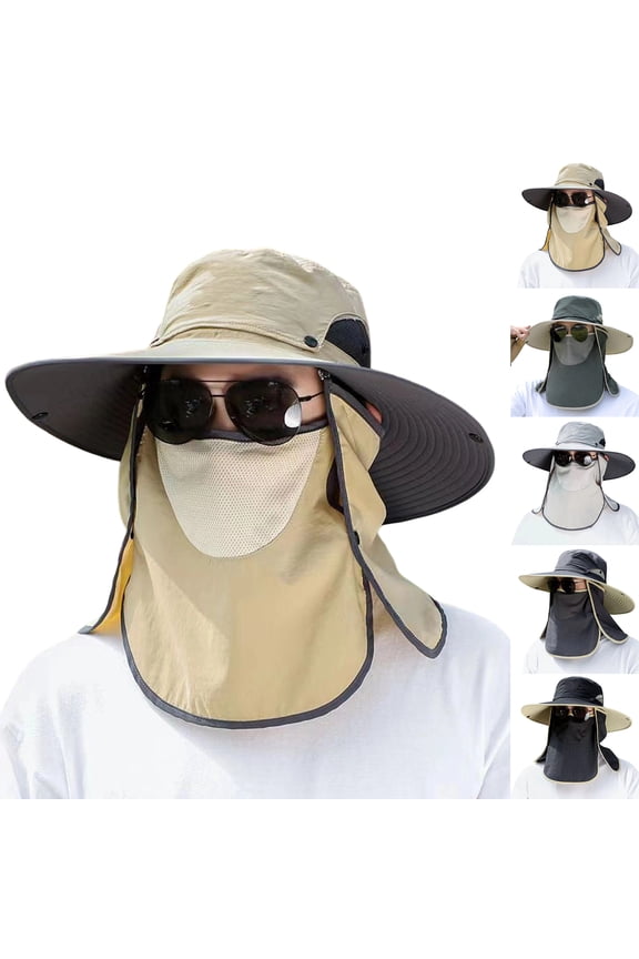Mens Outdoor Wide Brim Fishing Hats UPF 50+ Lightweight Unisex Sun Protection Caps with Face Neck Flap for Hiking Garden Going Out Khaki 21.65-23.62"