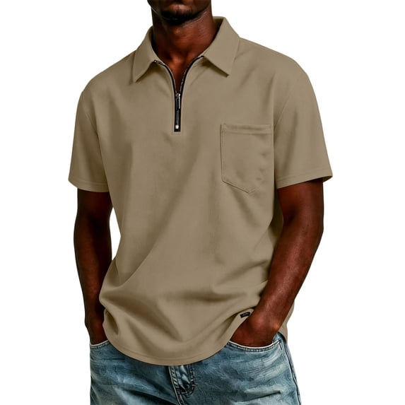 Fabrcox Mens Polo Shirts Short Sleeve Quarter Zip Collared Shirt Men Regular Fit Solid Color Athletic Casual Business Golf Shirt for Men with Pockets Brown XXL