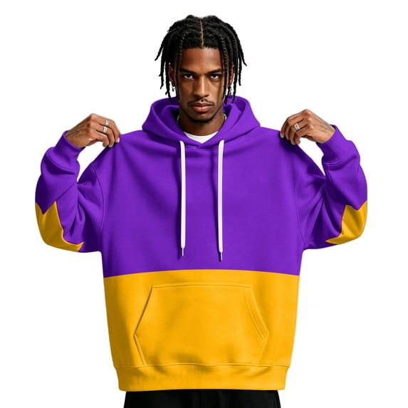 Fabrcox Mens Pullover Hoodie Fleece Color Block Oversized Hooded Sweatshirt Y2k Fall Winter Warm Streetwear Athletic Long Sleeve Man Hoodies with Pocket Purple XXXL