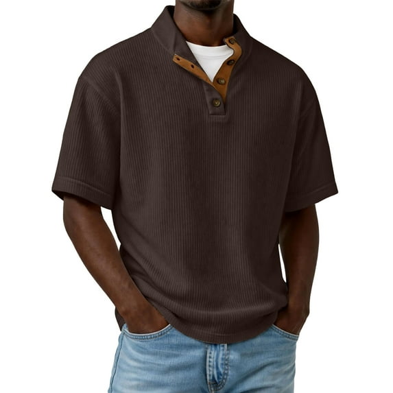 Fabrcox Mens Ribbed Polo Shirt Turn Down Collar V Neck Henley Short Sleeve Shirts for Men Knit Sports Workout Men's Athletic Shirts Brown XL