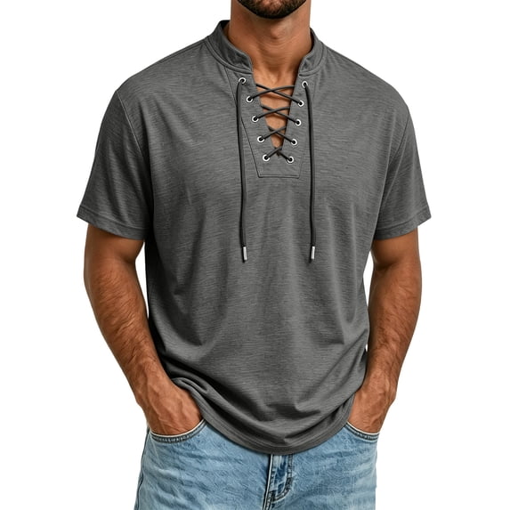 Fabrcox Mens Shirts Short Sleeve Lace Up V Neck T Shirts for Men Regular Fit Breathable Lightweight Workout Mens Summer Shirt Gray S