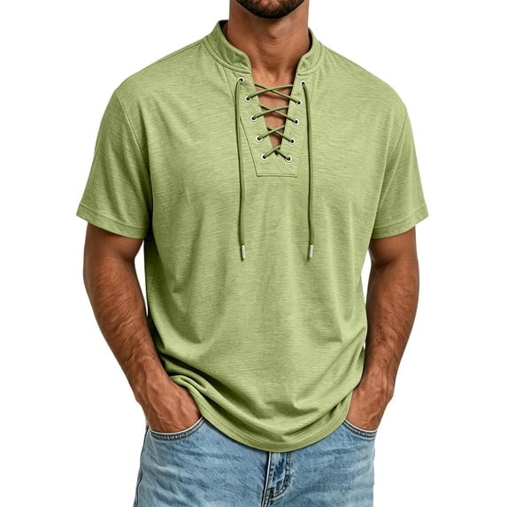 Fabrcox Mens Short Sleeve Shirts Lace Up V-Neck T-Shirts Men Regular Fit Breathable Lightweight Athletic Men Summer Shirts Green XXL