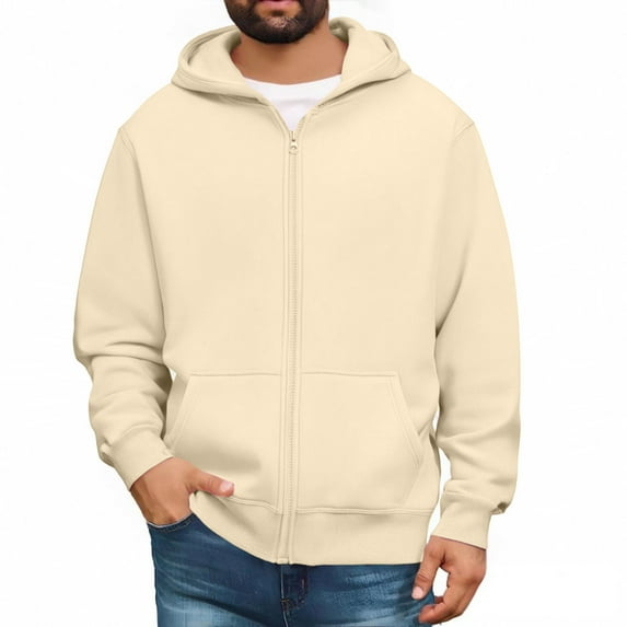 Fabrcox Mens Slim Fit Hoodies Winter Fleece Lined Sweatshirts Jacket with Pockets Casual Solid Color Lightweight Long Sleeve Hoodies Khaki M