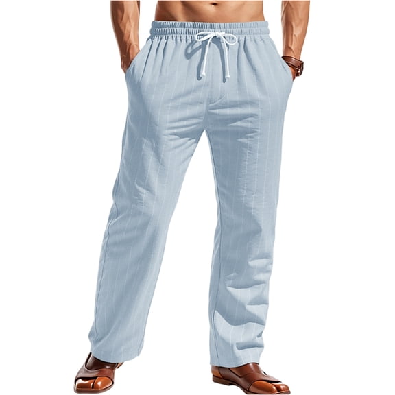 Fabrcox Mens Striped Cotton Linen Pants Drawstring Elastic Waist Beach Trousers Casual Pants Lightweight Trousers with Pockets(Light Blue,XXL)