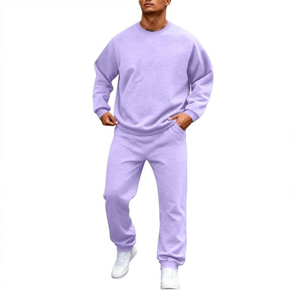 Fabrcox Mens Sweatsuit Sets 2 Piece Track Suits for Men Set Fleece Crew Neck Sweatshirt and Jogger Pants Men Fall Winter Warm Up Athletic Sports Men 2 Piece Outfits Light Purple XXL