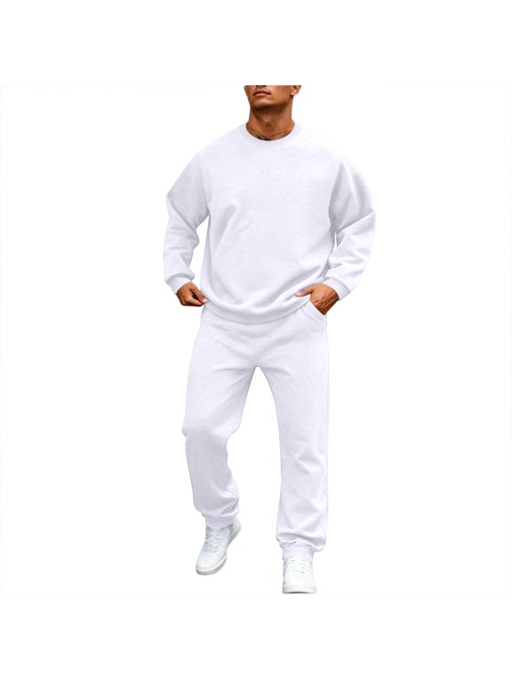 Mens Sweatsuit Sets 2 Piece Track Suits Mens Fleece Crew Neck Sweatshirt and Jogger Pants Men Fall Winter Warm Up Athletic Sports Men Outfits 2 Piece White XXL