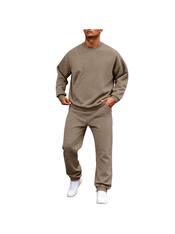 Mens Sweatsuits Sets 2 Piece Track Suits for Men Set Fleece Crew Neck Sweatshirt and Joggers for Men Fall Winter Warm Up Athletic Sports Men Sets Outfits 2 Piece Light Brown XXXL