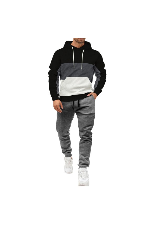 Mens Sweatsuits Sets Fleece Hoodie Sweatpants Set Color Block Sports Athletic Jogging Warm Up Fall Winter Mens Track Suits 2 Piece