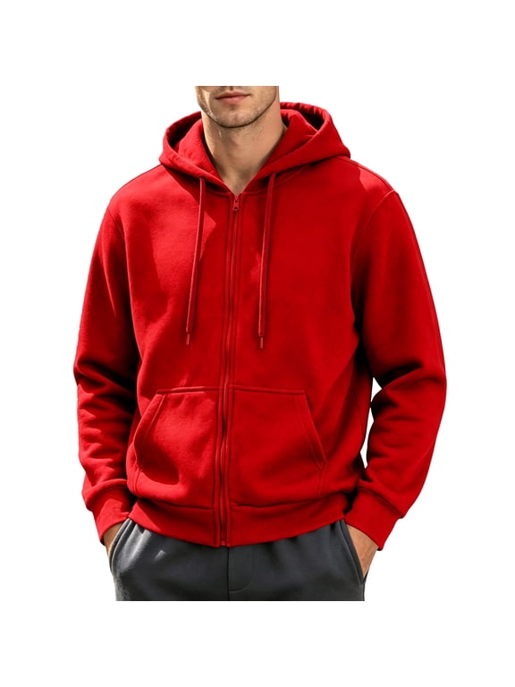 Mens Zip Up Hoodie Athletic Fleece Long Sleeve Hoodie Jacket Men Fall Winter Warm Thicken Plain Outdoor Streetwear Workout Full Zip Men Coats with Pockets Red XXL