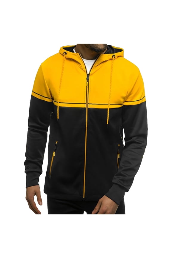 Mens Zip Up Sports Hoodies Color Block Long Sleeve Winter Fleece Coat with Zipper Pockets Casual Loose Fit Athletic Sweatshirts Jacket Yellow M