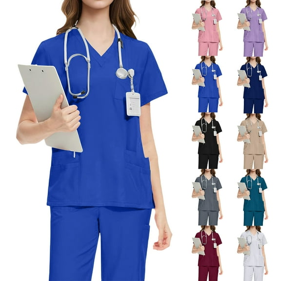 Fabrcox Navy Blue Scrub Sets for Women Nurse Top and Drawstring Waist Pants S-Xxl Loose Fit Casual V Neck Scrub Suit with Multi Pockets Pink S