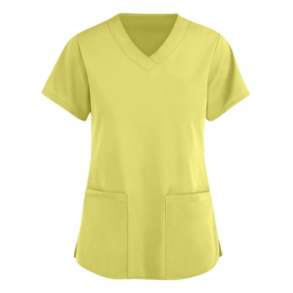 Fabrcox Navy Blue Scrub Women Tops Oversized Short Sleeve V Neck Nurse Scrubs Tops with Pockets Fall Spring Working Uniform Fluorescence Yellow M