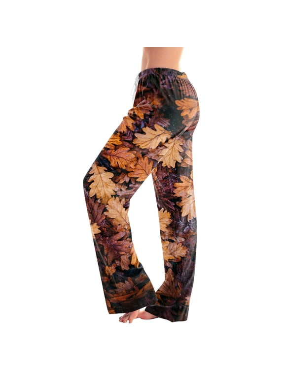 Pajama Pants Women Fall Maple Leaf Print Thanksgiving Sleep Pants Women Autumn Funny Soft Cozy Elastic Waist Straight Leg Lounge Pants Women