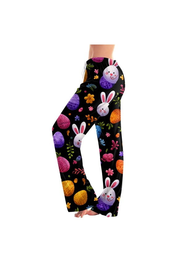 Pj Pants Women Easter Rabbit Print Wide Leg Women Sleep Pants Summer Drawstring Holiday Women’s Lounge Pants