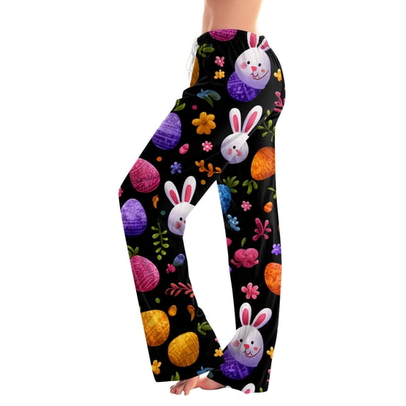 Fabrcox Pj Pants Women Easter Rabbit Print Wide Leg Women Sleep Pants Summer Drawstring Holiday Women’s Lounge Pants