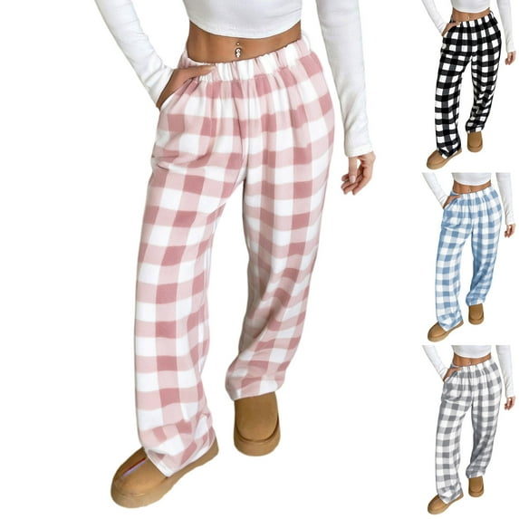 Fabrcox Plaid Flannel Pajama Pants Women Winter Warm Lounge Bottoms with Pockets Casual Elastic Waist Pajama Bottoms Pink M