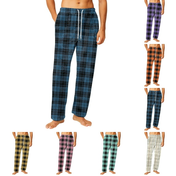 Fabrcox Plaid Flannel Pajamas Bottoms for Men Oversized M-Xxl Xxxl Straight Leg Pj Bottoms with Pockets Winter Warm Casual Drawstring Sleepwear Pants Dark Blue XL