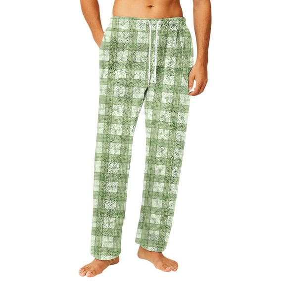 Fabrcox Plaid Men's Flannel Pajamas Bottoms M-Xxl Xxxl Straight Leg Pj Bottoms with Pockets Winter Warm Casual Drawstring Sleepwear Pants Fluorescent Green 2XL