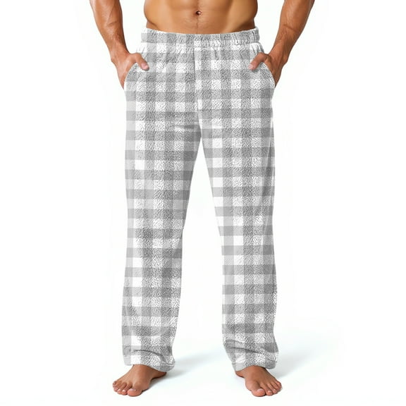 Fabrcox Plaid Pajama Pants Men S-3xl Plaid Flannel Pj Pants Wide Leg Elastic Waist Lounge Bottoms Pants Light Gray M