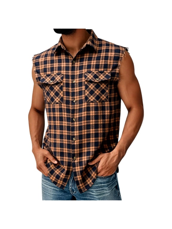 Plaid Sleeveless Flannel Shirt Men Collared Button Down Tank Top Mens Big and Tall Color Block Lightweight Streetwear Vest Shirt with Pockets S