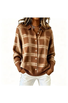 Plaid Sweater Cardigan Women Oversized Collared Button Up Lightweight Cardigans for Women Long Sleeve Work Teacher Vintage Trendy Fall Outfits Knitted Sweater Outerwear XL