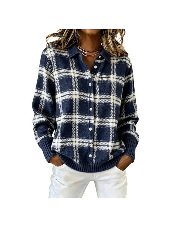 Plaid Sweater Cardigan Women Oversized Collared Button Up Women Cardigans Lightweight Long Sleeve Work Teacher Vintage Fashion Fall Outfits Knitted Sweaters for Women Outerwear Royal Blue XL