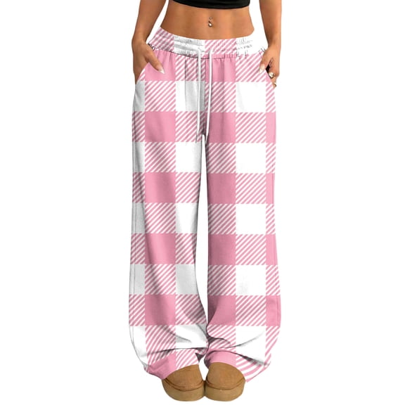 Fabrcox Plaid Wide Leg Pants Woman Baggy Color Block Women’s Lounge Pants Spring Summer Palazzo Trousers Pants for Women with Pockets