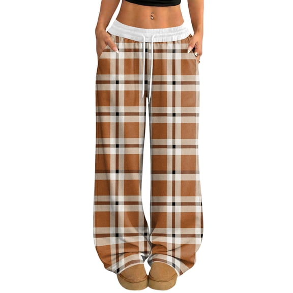Fabrcox Plaid Wide Leg Pants Woman Drawstring Color Block Womens Lounge Pant Loose Spring Summer Women Trousers with Pockets
