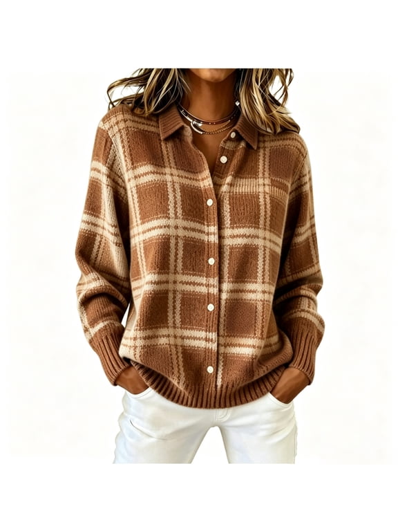 Plaid Women Cardigan Sweater Oversized Collared Button Up Lightweight Cardigans for Women Long Sleeve Work Teacher Vintage Dressy Fall Outfits Knitted Sweaters for Women Outerwear M