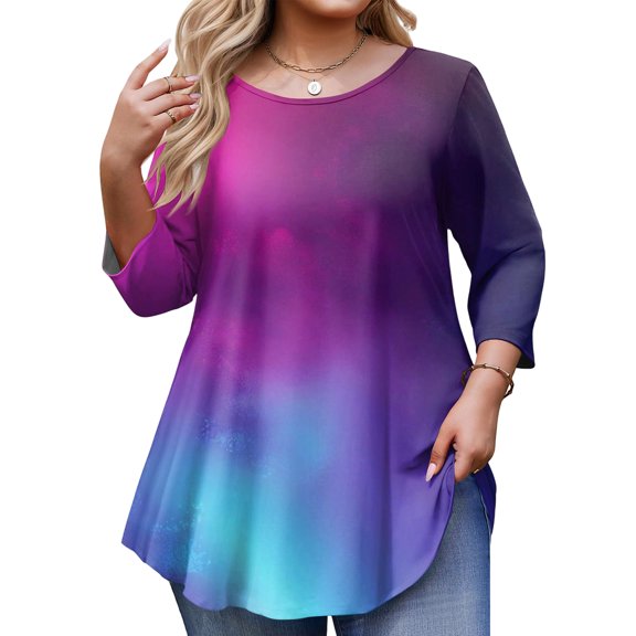 Fabrcox Plus Size Shirt for Women Tunic Tie Dye Crew Neck 3/4 Sleeve Shirts for Women Spring Summer Flowy Blouses L-5XL