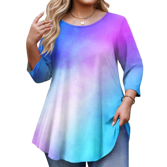 Fabrcox Plus Size Women Shirt Tunic Tie Dye Crew Neck Womens Shirts 3/4 Sleeve Spring Summer Casual Loose Blouse L-5XL
