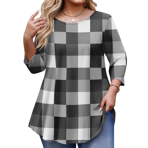 Fabrcox Plus Size Women Tops Tunic Plaid Crew Neck Womens Tops 3/4 Sleeve Spring Summer Casual Loose Blouse L-5XL