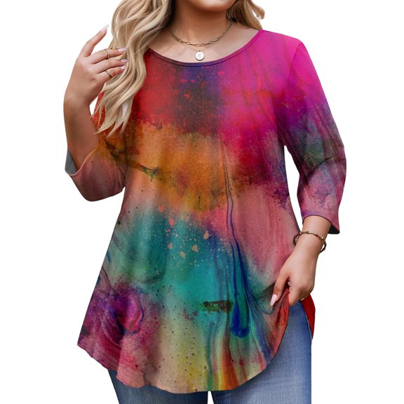 Fabrcox Plus Size Women's Tops Tunic Tie Dye Crew Neck Womens 3/4 Sleeve Shirts Spring Summer Flowy Blouses L-5XL