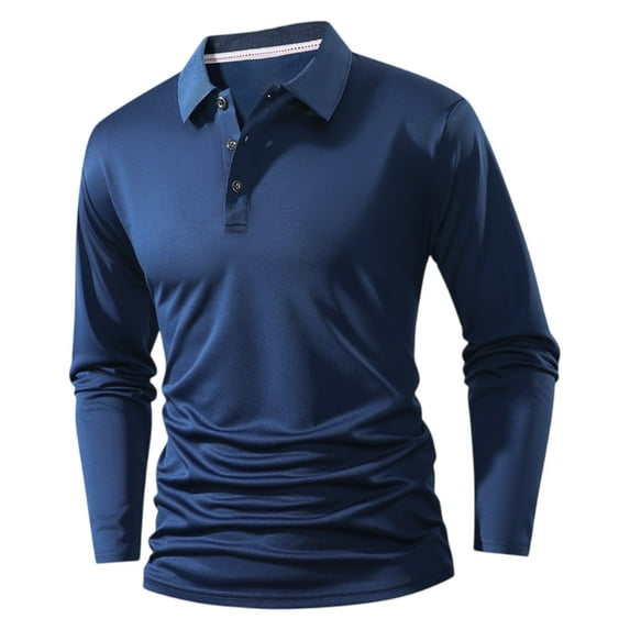 Fabrcox Polo Shirts for Men Fall Long Sleeve Button Down Golf Shirts Solid Color Casual Holiday Pullover Trendy Slim Fit T-Shirts,Navy S