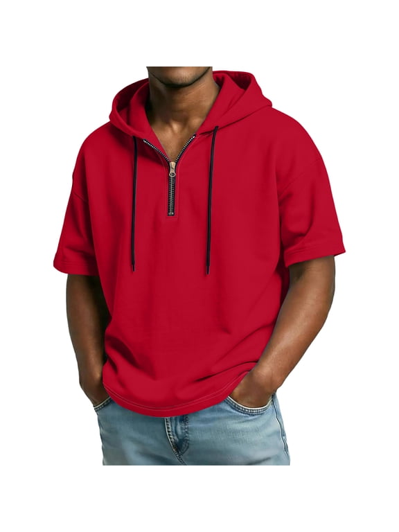 Quarter Zip Pullover Men Hoodie Short Sleeve Mens Sweatshirt Hoodie Lightweight Drawstring Running Sports Mens Hoodies Pullover Red XXXL