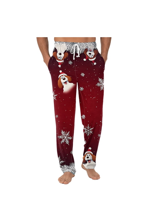 Red Pj Pants Men Wide Leg Mens Christmas Pj Bottoms Christmas Tree Printed Elastic Waist Wide Leg Sleepwear Pants Deep Red L